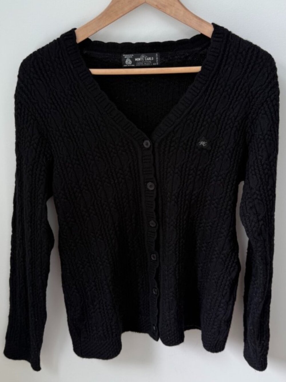 MONTE CARLO Vintage Black Wool Cable Knit V-Neck Button Front Cardigan Sweater